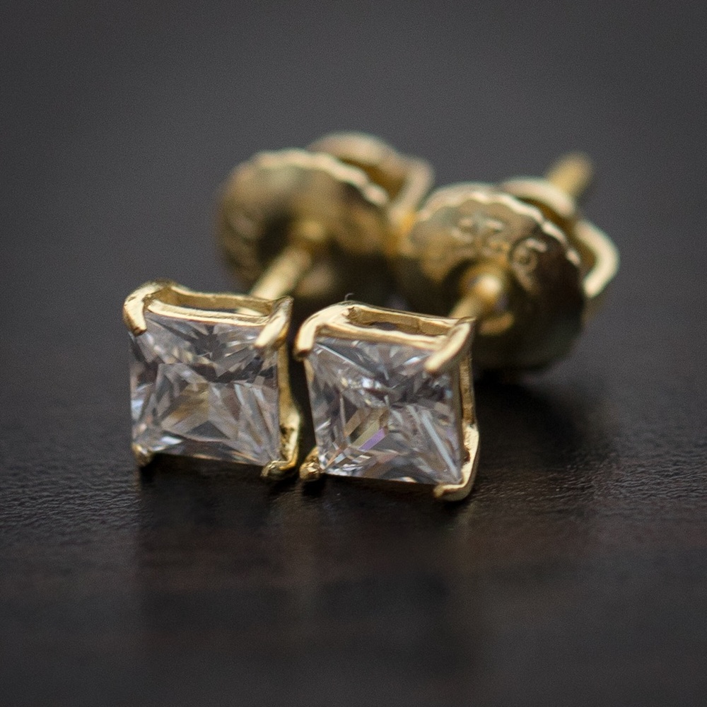 Small Gold Diamond Princess Cut Stud Earrings - Picture 2 of 3